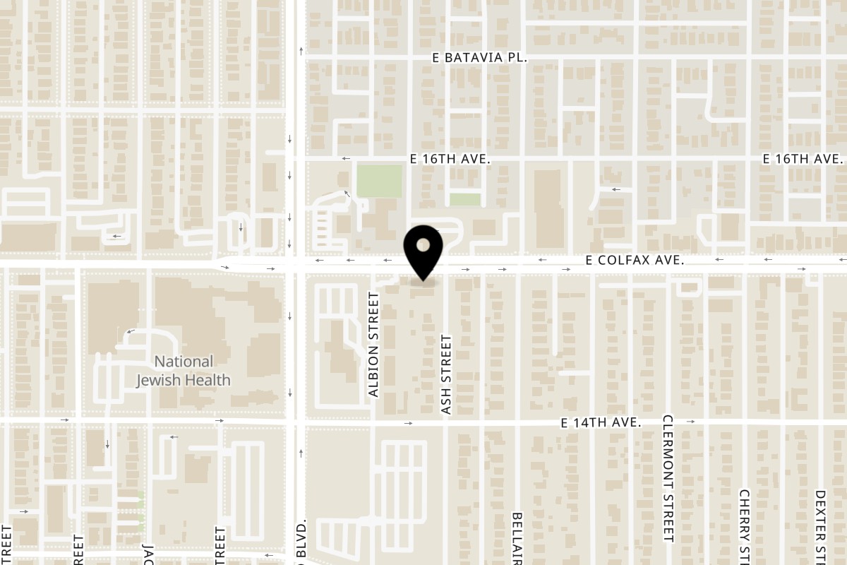 Map showing the location of 9 Thai Restaurant on 4122 East Colfax Ave in Denver